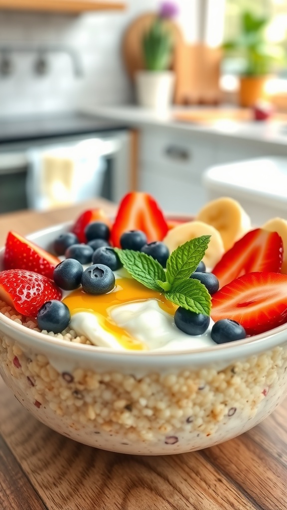 A healthy breakfast bowl with quinoa, yogurt, fresh fruits, and chia seeds, garnished with mint leaves.
